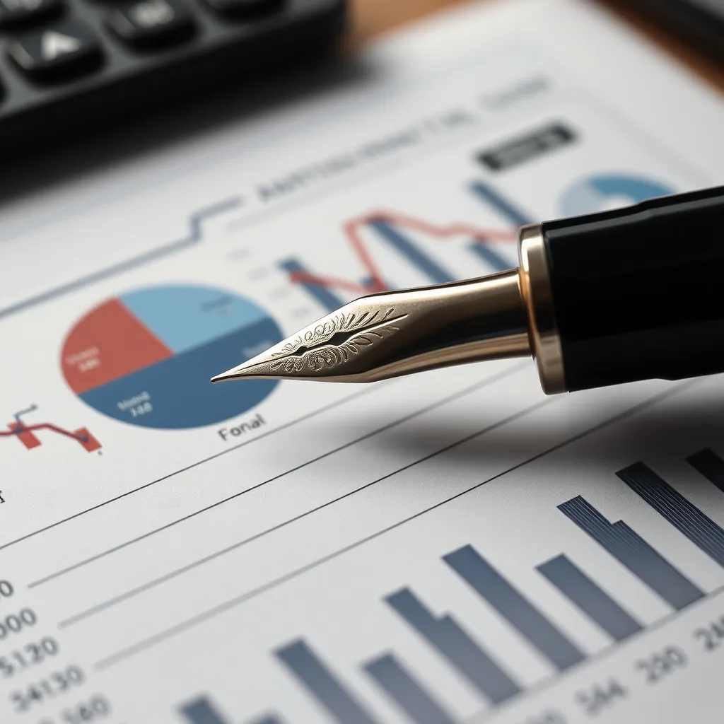 Close up of a fountain pen resting on a detailed financial s