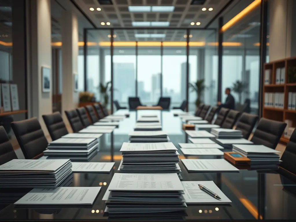 A professional office setting with organized documents, clea