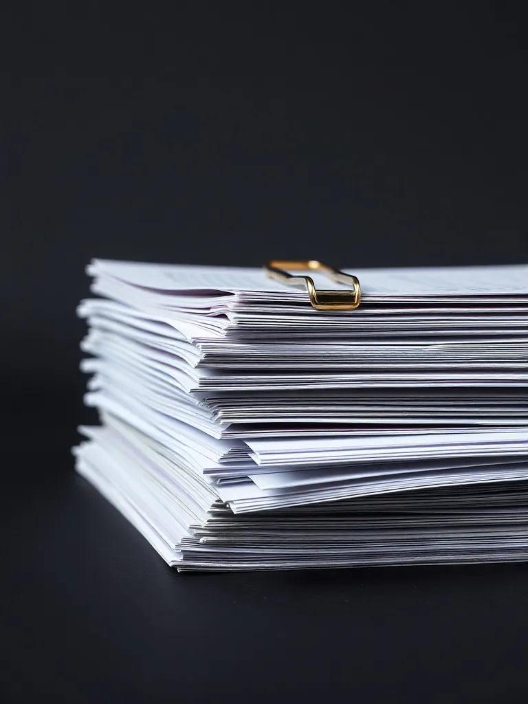 Stack of organized paper documents with a metal binder clip