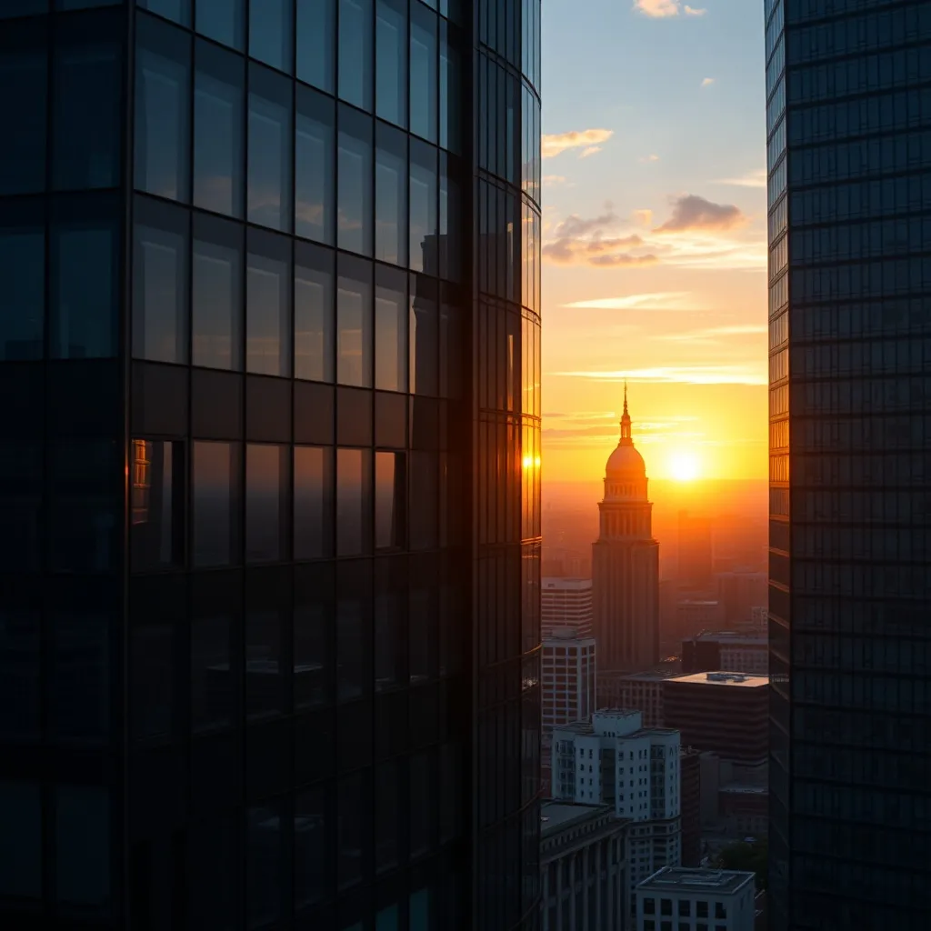 Modern skyscraper windows reflecting a sunset, symbolizing f