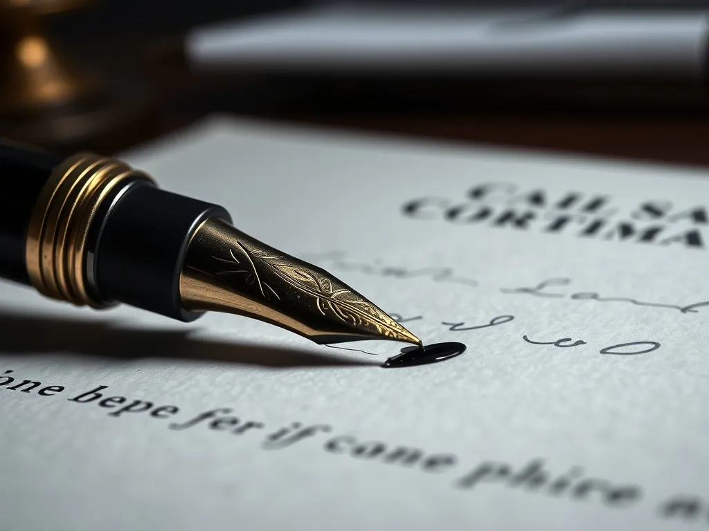 A detailed shot of a fountain pen signing a legal document o