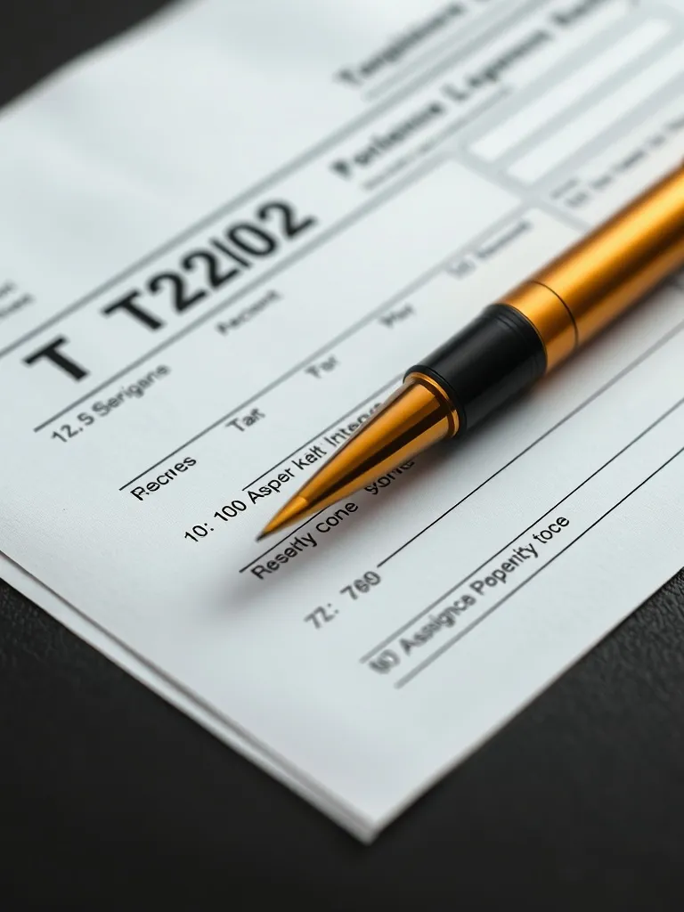 Close up of a T2202 tax form on a dark surface with a gold f