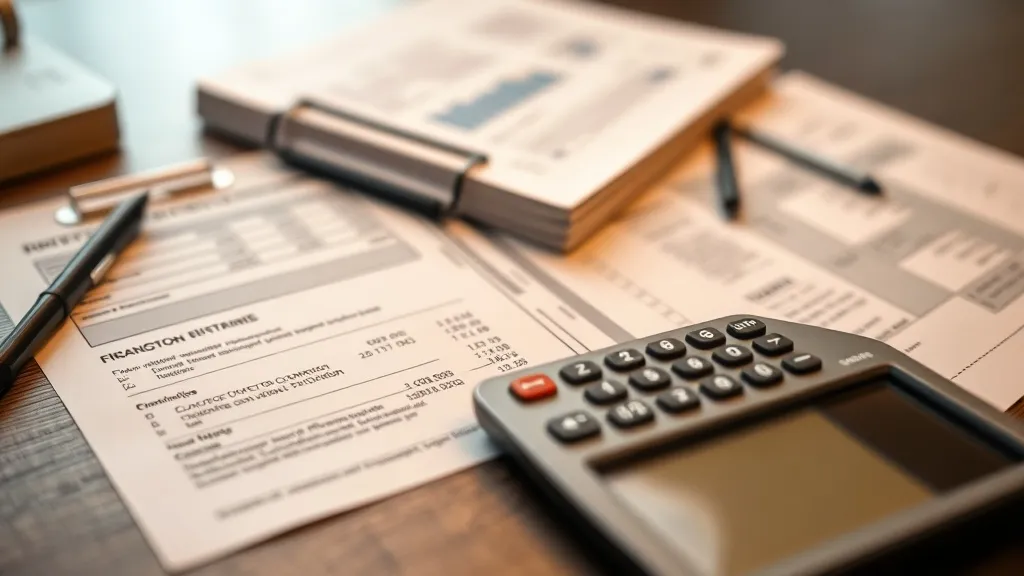 A close-up of financial documents and a calculator on a dark
