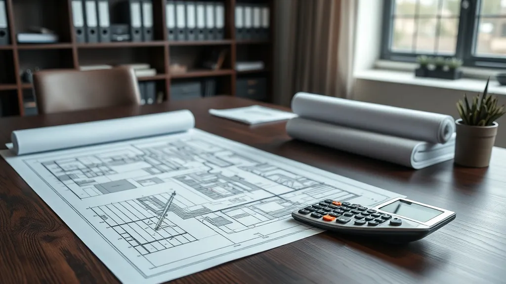 A professional office setting with architectural blueprints