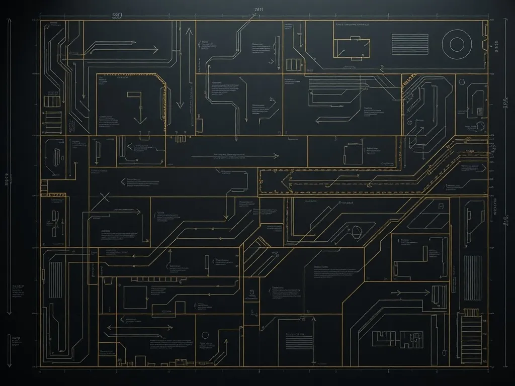 A detailed technical architectural blueprint showing arrows