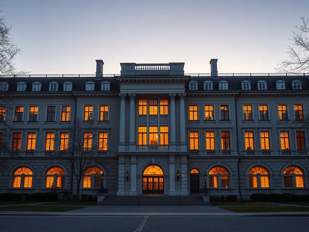 Exterior of a classic university library building at dusk wi